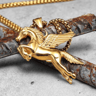 Side view of the Pegasus pendant, highlighting its outstretched wings.