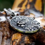 Close-up of the textured mane detail on the stainless steel lion pendant
