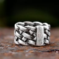 Side angle of the wide band gothic chain ring, showing its robust construction.