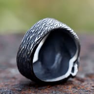Detail shot of the fox's paws and tail wrapped around its body on the dark stainless steel ring.