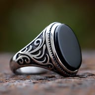 Men's black stone ring worn on a finger, showcasing its scale and fit with an outfit