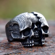 Close-up of weathered oxidized 316L stainless steel skull ring details