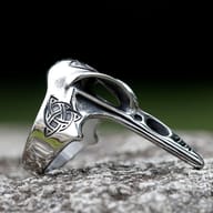 Top-down view highlighting the Celtic trinity knot on the raven skull head