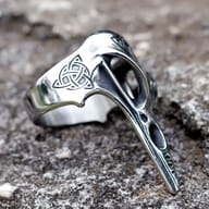 Close-up detail of the polished raven beak and antiqued 316L stainless steel finish