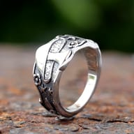 Detail shot of the mushroom stem and surrounding flora on the 316L stainless steel ring.