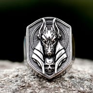 Angled side view of the Anubis biker ring showing the solid stainless steel band