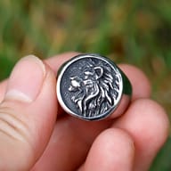 Gothic unisex lion head ring with an antique finish on a dark background.