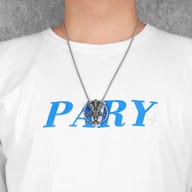 Frontal view of the complete Gothic Baphomet Pentagram pendant on its stainless steel chain.