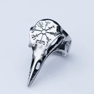 Men's 316L stainless steel Viking raven head ring with Vegvisir symbol on a white background.