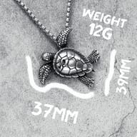 Close-up of the intricate head and front flippers of the 316L stainless steel turtle pendant.